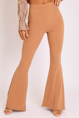 Camel High Waisted Side Zip Flare Trousers - Billie-Trousers