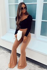 Camel High Waisted Side Zip Flare Trousers - Billie-Trousers