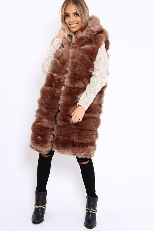 Camel Hooded Faux Fur Gilet - Jadie