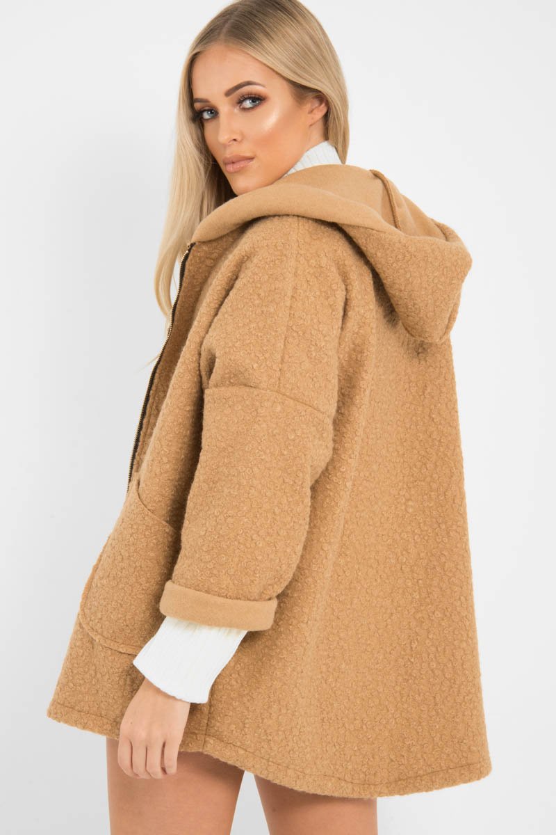 Camel Hooded Zip Front Borg Coat - Loryn-Coats
