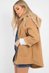 Camel Hooded Zip Front Borg Coat - Loryn-Coats