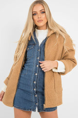 Camel Hooded Zip Front Borg Coat - Loryn-Coats