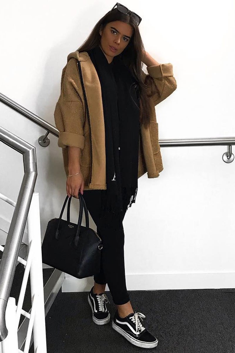 Camel Hooded Zip Front Borg Coat - Loryn-Coats