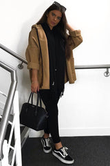 Camel Hooded Zip Front Borg Coat - Loryn-Coats