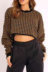 Camel Hounds Tooth Cropped Batwing Jumper - Lizy-Crop Jumper