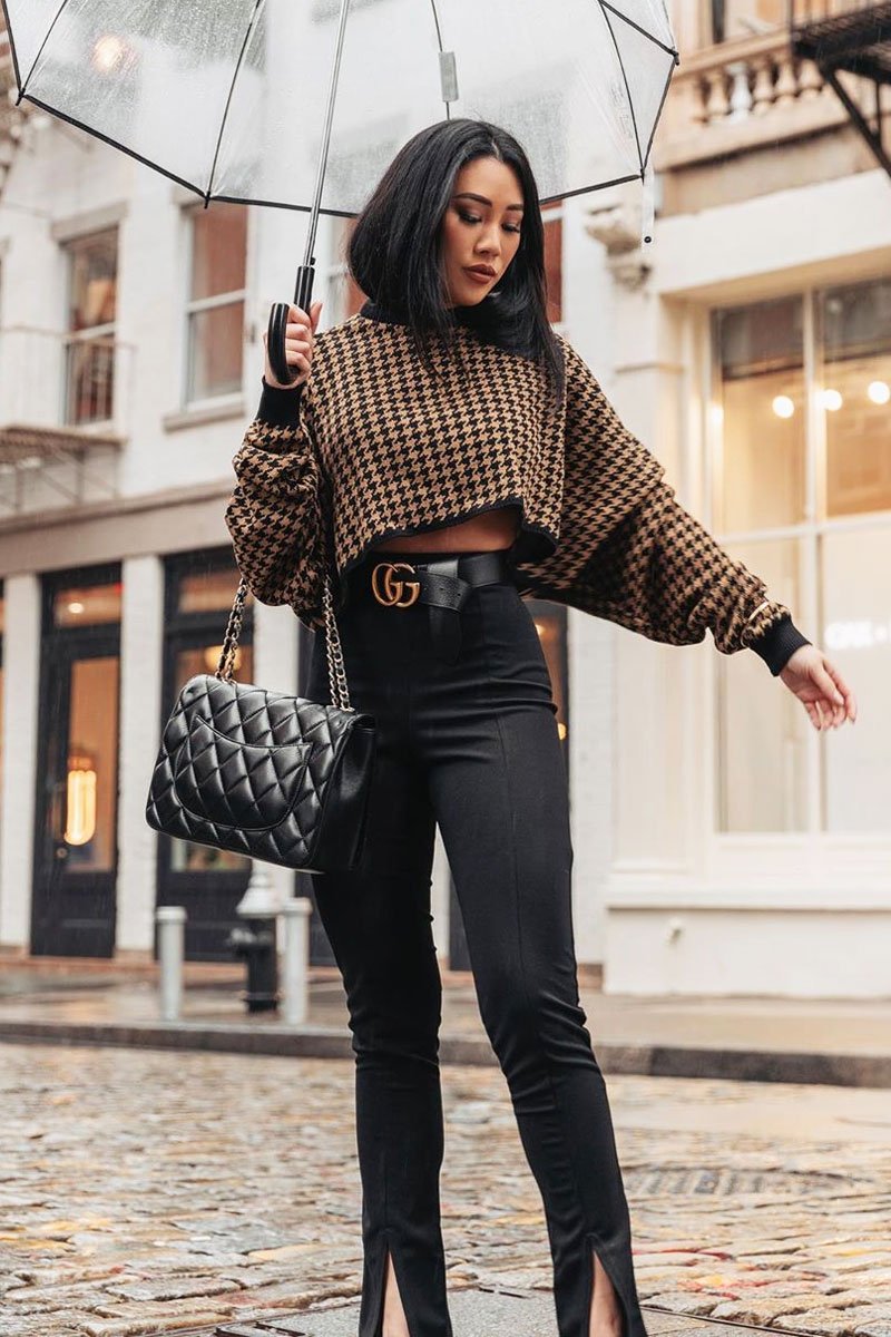 Camel Hounds Tooth Cropped Batwing Jumper - Lizy-Crop Jumper