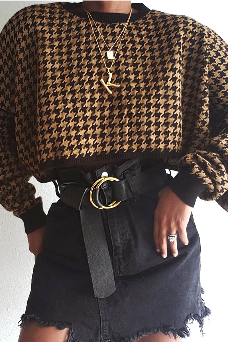 Camel Hounds Tooth Cropped Batwing Jumper - Lizy-Crop Jumper