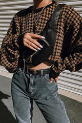 Camel Hounds Tooth Cropped Batwing Jumper - Lizy-Crop Jumper