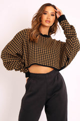 Camel Hounds Tooth Cropped Batwing Jumper - Lizy-Crop Jumper