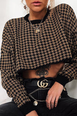 Camel Hounds Tooth Cropped Batwing Jumper - Lizy-Crop Jumper
