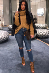 Camel Knitted Borg Oversized Roll Neck Jumper - Ebbie-Jumper