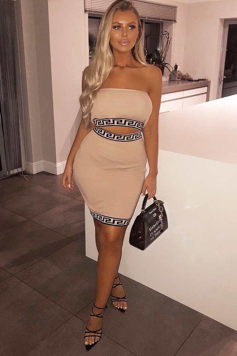 Camel Knitted Greek Trim Bandeau Skirt Co-Ord - Caeli-Co-ords