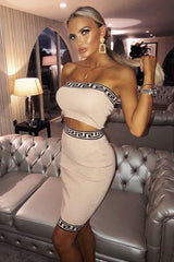 Camel Knitted Greek Trim Bandeau Skirt Co-Ord - Caeli-Co-ords