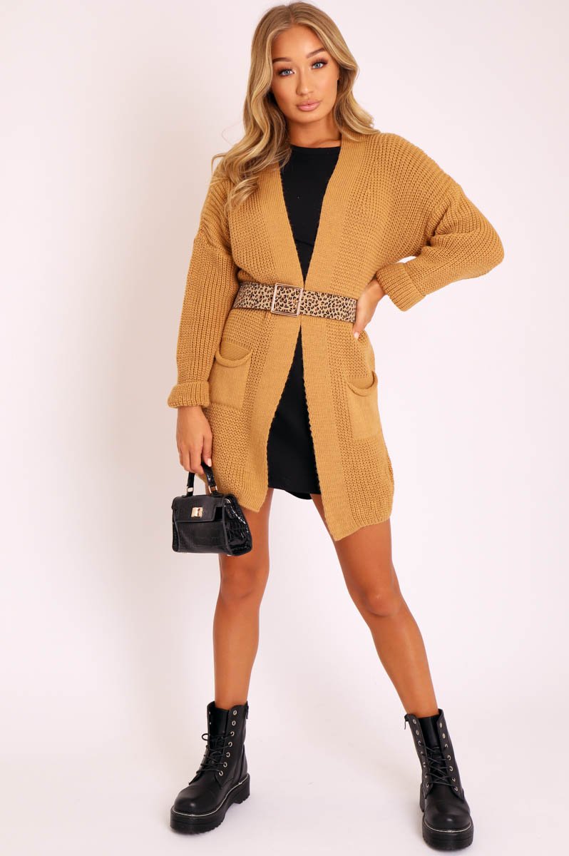 Camel Knitted Oversized Pocket Detail Cardigan - Anna-Cardigans