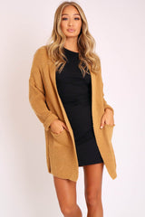 Camel Knitted Oversized Pocket Detail Cardigan - Anna-Cardigans