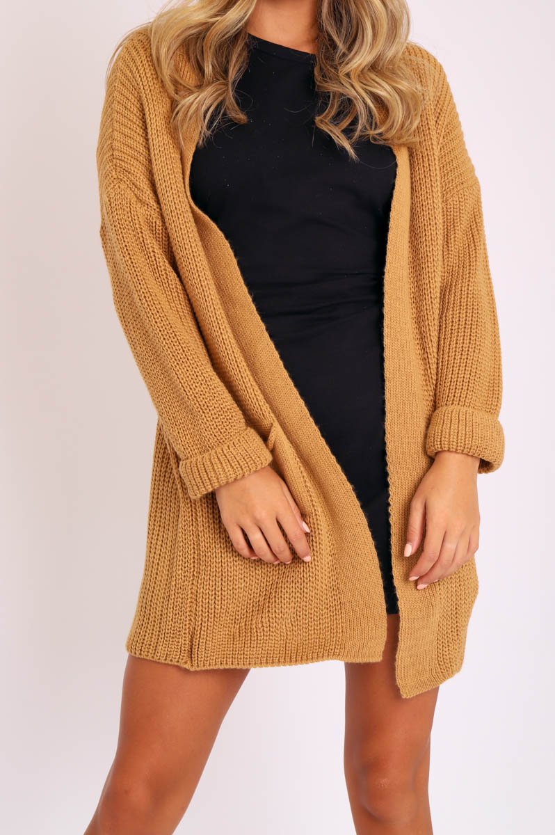 Camel Knitted Oversized Pocket Detail Cardigan - Anna-Cardigans