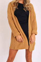 Camel Knitted Oversized Pocket Detail Cardigan - Anna-Cardigans