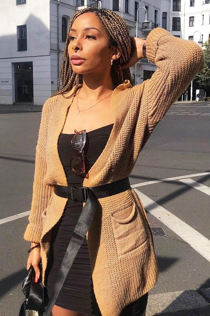 Camel Knitted Oversized Pocket Detail Cardigan - Anna-Cardigans