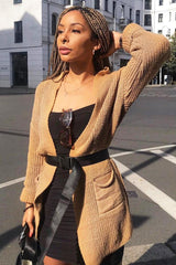 Camel Knitted Oversized Pocket Detail Cardigan - Anna-Cardigans