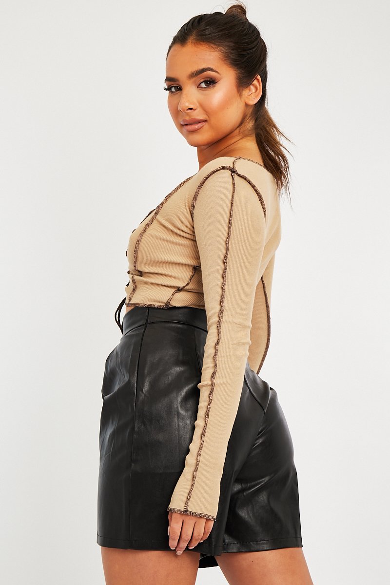 Camel Lace Up Contrast Stitch Long Sleeve Crop Top - Mitzi-Crop Tops