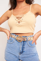 Camel Lace Up Ribbed Crop top - Prisha-Crop Tops