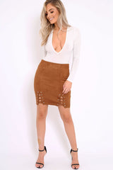 Camel Lace Up Suedette Skirt - Jenna-Skirts