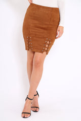 Camel Lace Up Suedette Skirt - Jenna-Skirts