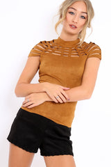 Camel Laser Cut Suedette Top - Abbie-Tops