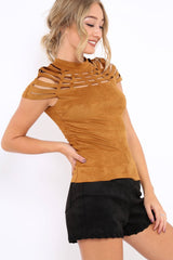 Camel Laser Cut Suedette Top - Abbie-Tops