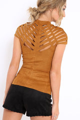 Camel Laser Cut Suedette Top - Abbie-Tops