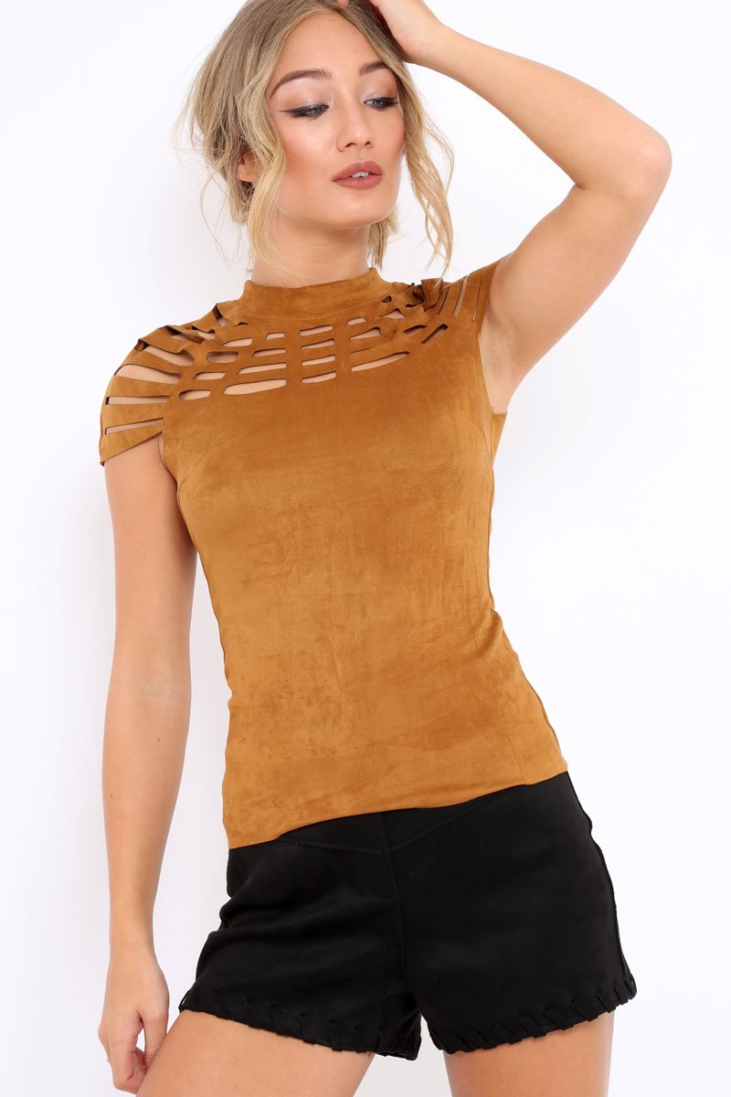 Camel Laser Cut Suedette Top - Abbie-Tops