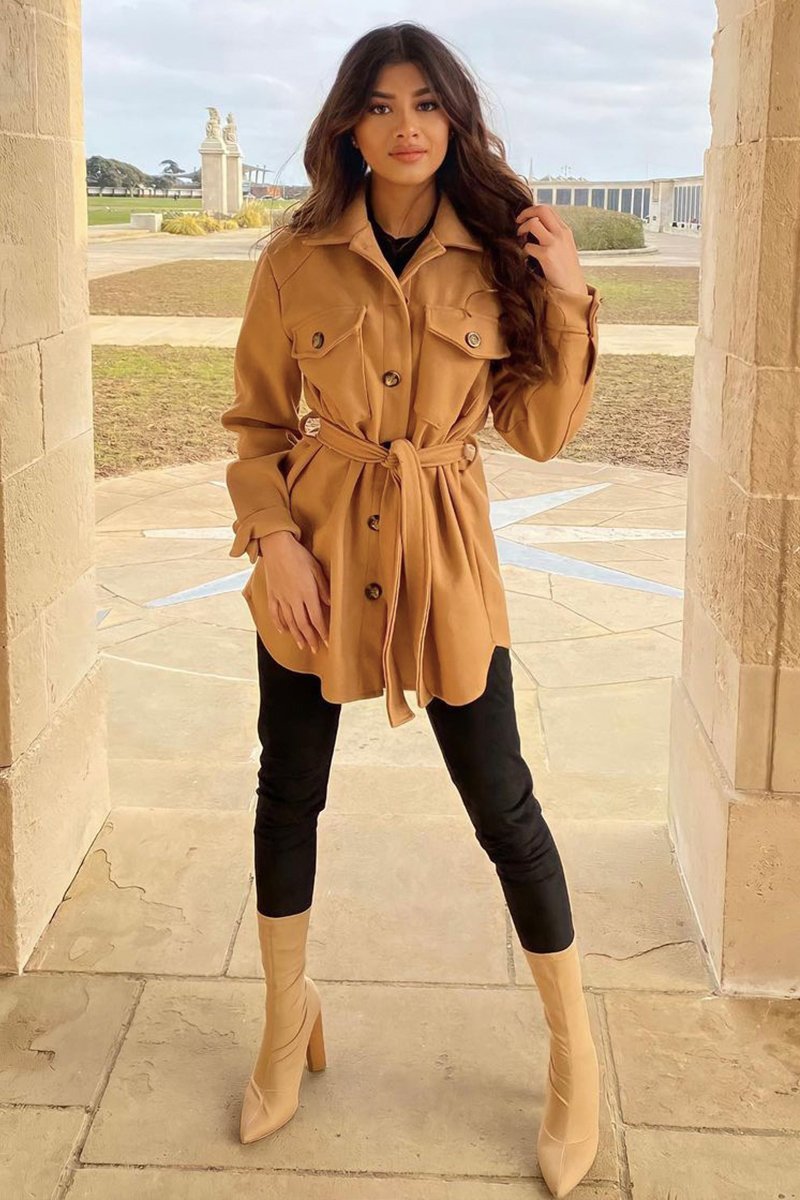 Camel Long Belted Shacket - Maryah-Shacket
