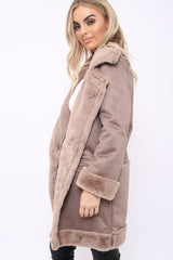 Camel Long Faux Shearling Coat - Chai-Coats
