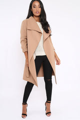 Camel Long Length Waterfall Belted Coat - Cindy-Coats