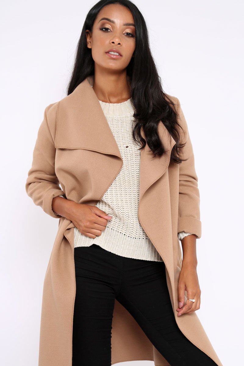 Camel Long Length Waterfall Belted Coat - Cindy-Coats