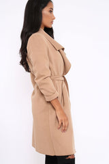 Camel Long Length Waterfall Belted Coat - Cindy-Coats
