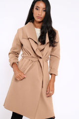 Camel Long Length Waterfall Belted Coat - Cindy-Coats