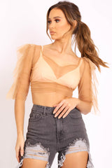 Camel Mesh Frill Sleeve Plunge Crop Top - Faythe-Crop Tops