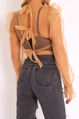 Camel Mesh High Neck Open Back Blouse - Anthea-Blouse