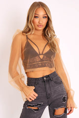 Camel Mesh High Neck Open Back Blouse - Anthea-Blouse