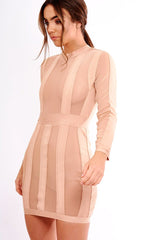 Camel Mesh Panel Striped Bandage Bodycon Dress - Clara-Dresses