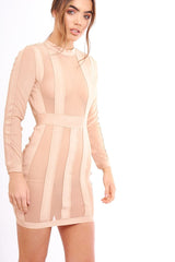 Camel Mesh Panel Striped Bandage Bodycon Dress - Clara-Dresses