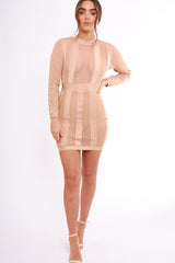 Camel Mesh Panel Striped Bandage Bodycon Dress - Clara-Dresses