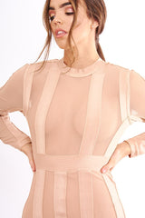 Camel Mesh Panel Striped Bandage Bodycon Dress - Clara-Dresses