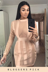 Camel Mesh Panel Striped Bandage Bodycon Dress - Clara-Dresses