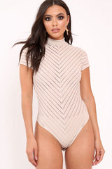 Camel Mesh Ribbed Short Sleeved Bodysuit Shai-Bodysuits