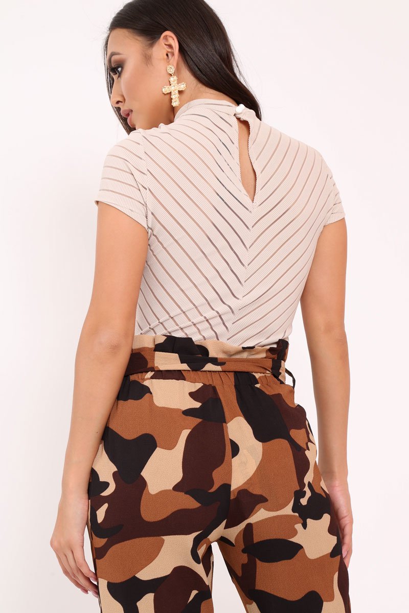 Camel Mesh Ribbed Short Sleeved Bodysuit Shai-Bodysuits