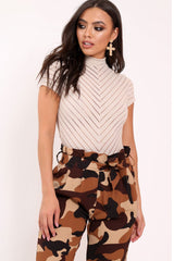 Camel Mesh Ribbed Short Sleeved Bodysuit Shai-Bodysuits