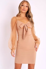Camel Mesh Sleeves Tie Detail Cut Out Front Dress - Graclynn-Dresses