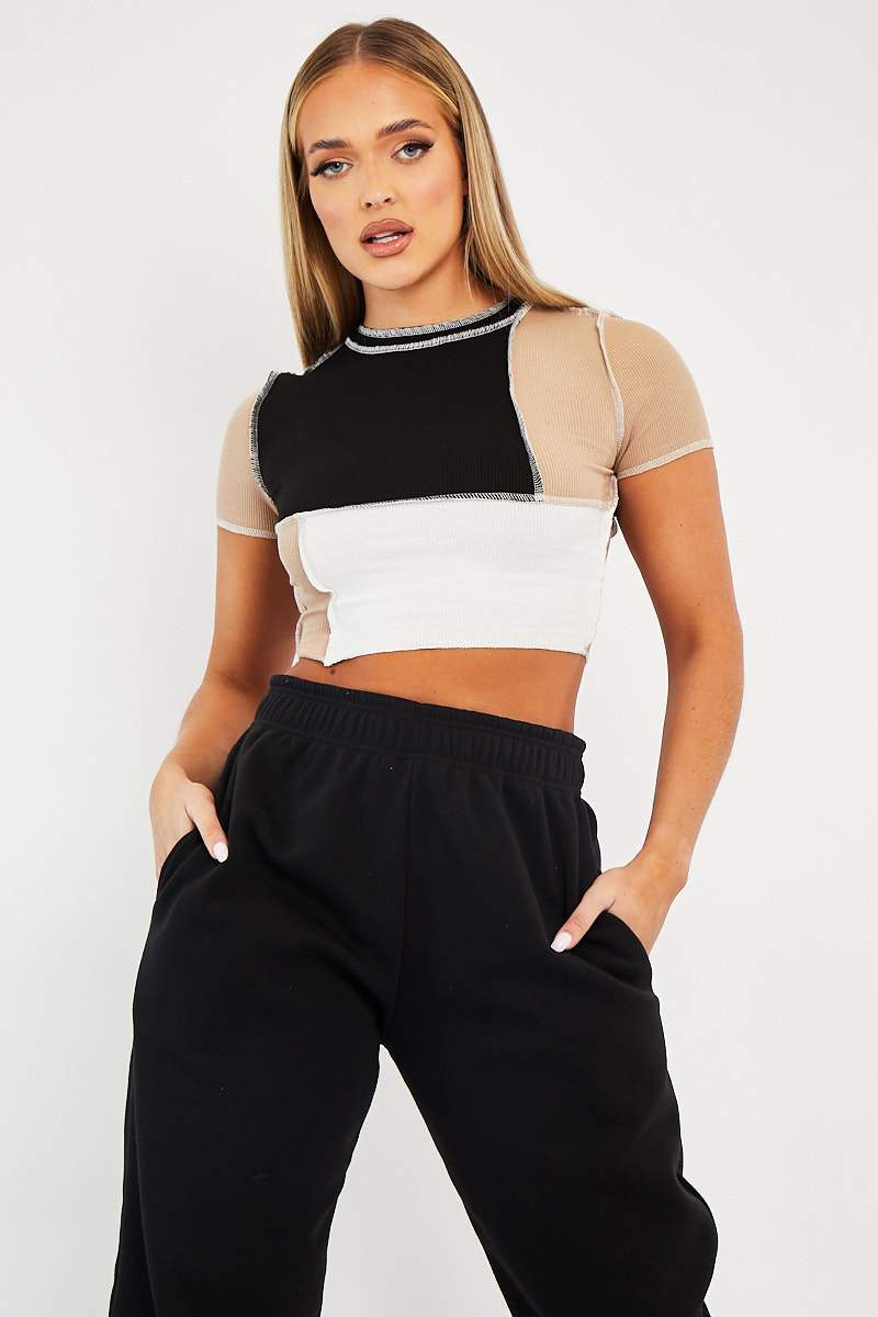 Camel Multi Contrast Stitch Panel Crop Top - Desire-Crop Tops